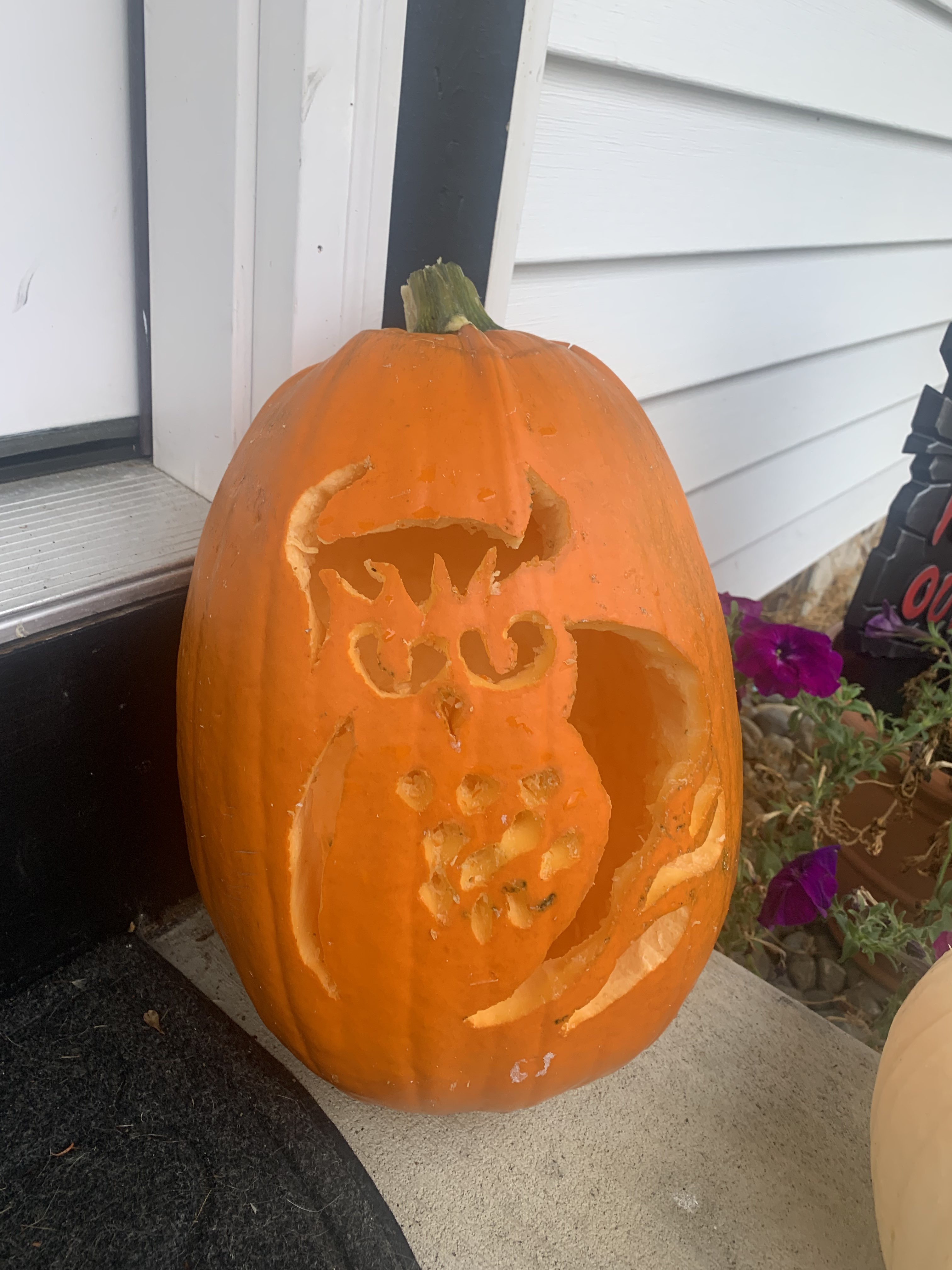 A jack-o-lantern with a owl carved into it