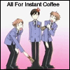 haruhi from ouran being accosted by hikaru and kaoru. the caption says 'all for instant coffee'
