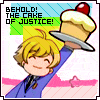 honey from ouran holding up a cake and saying 'behold the cake of justice!'